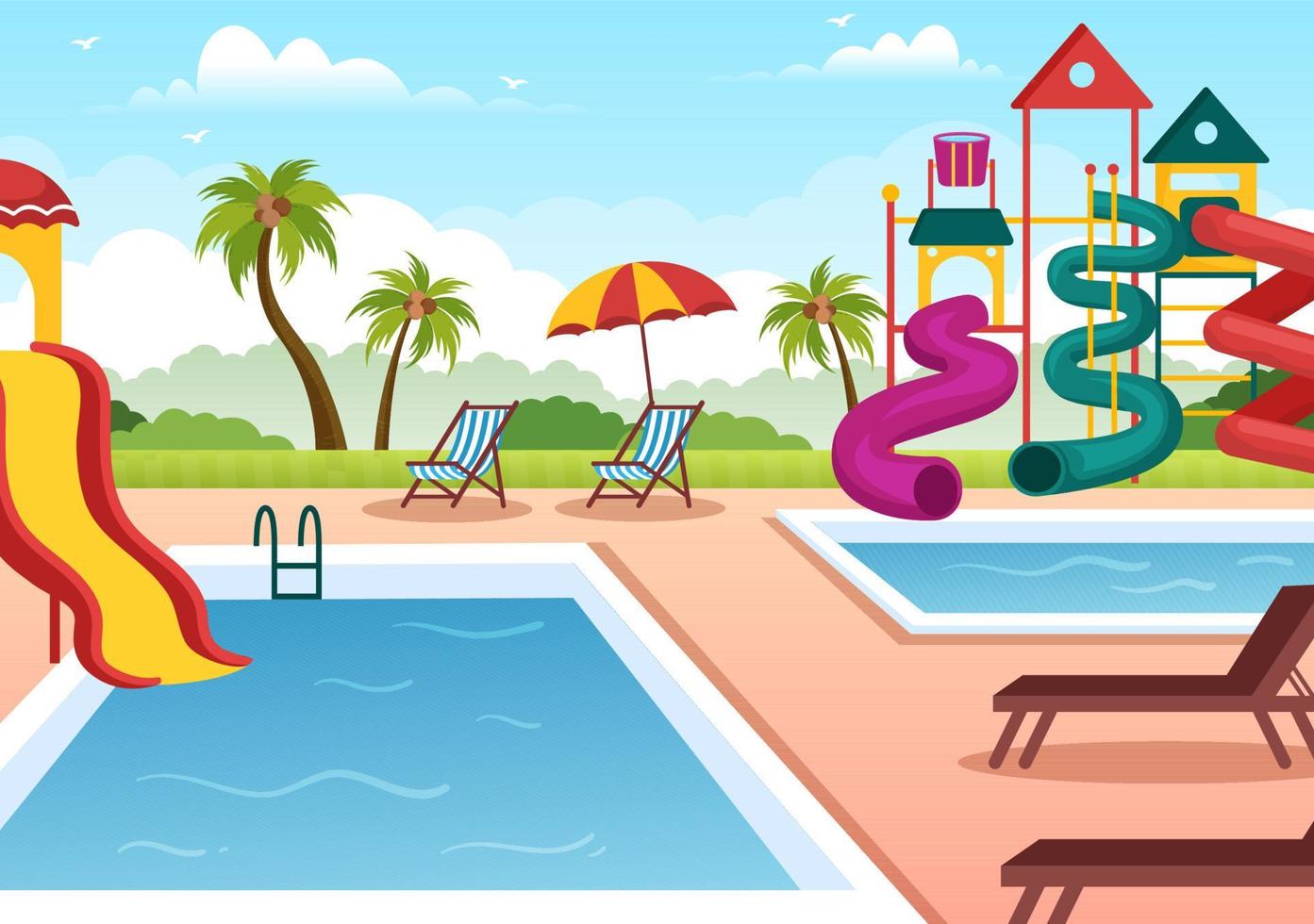 parc aquatique avec piscine, amusement, toboggan, palmiers pour les loisirs et aire de jeux extérieure en illustration de dessin animé plat vecteur