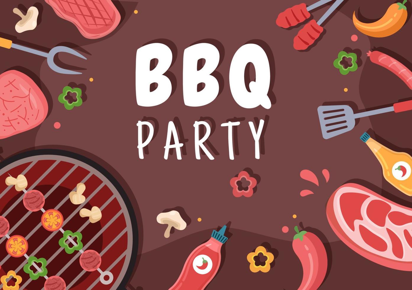 barbecue ou barbecue avec steaks sur grill, grille-pain, assiettes, saucisses, poulet et légumes en illustration de dessin animé de fond plat vecteur