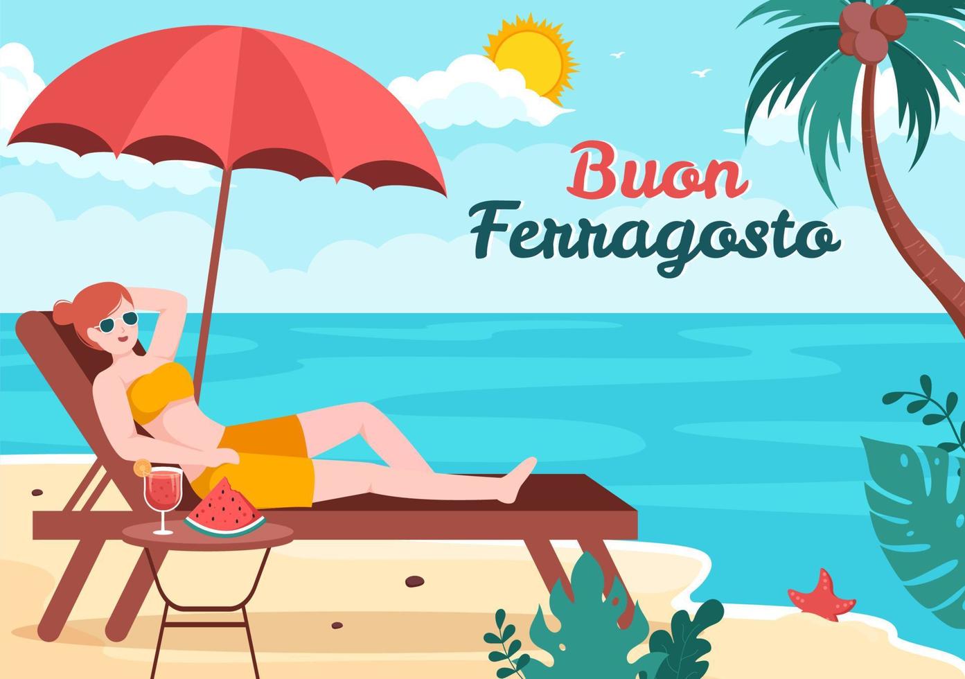 festival d'été italien de buon ferragosto en illustration de dessin animé de plage le jour férié célébré le 15 août dans un style plat vecteur