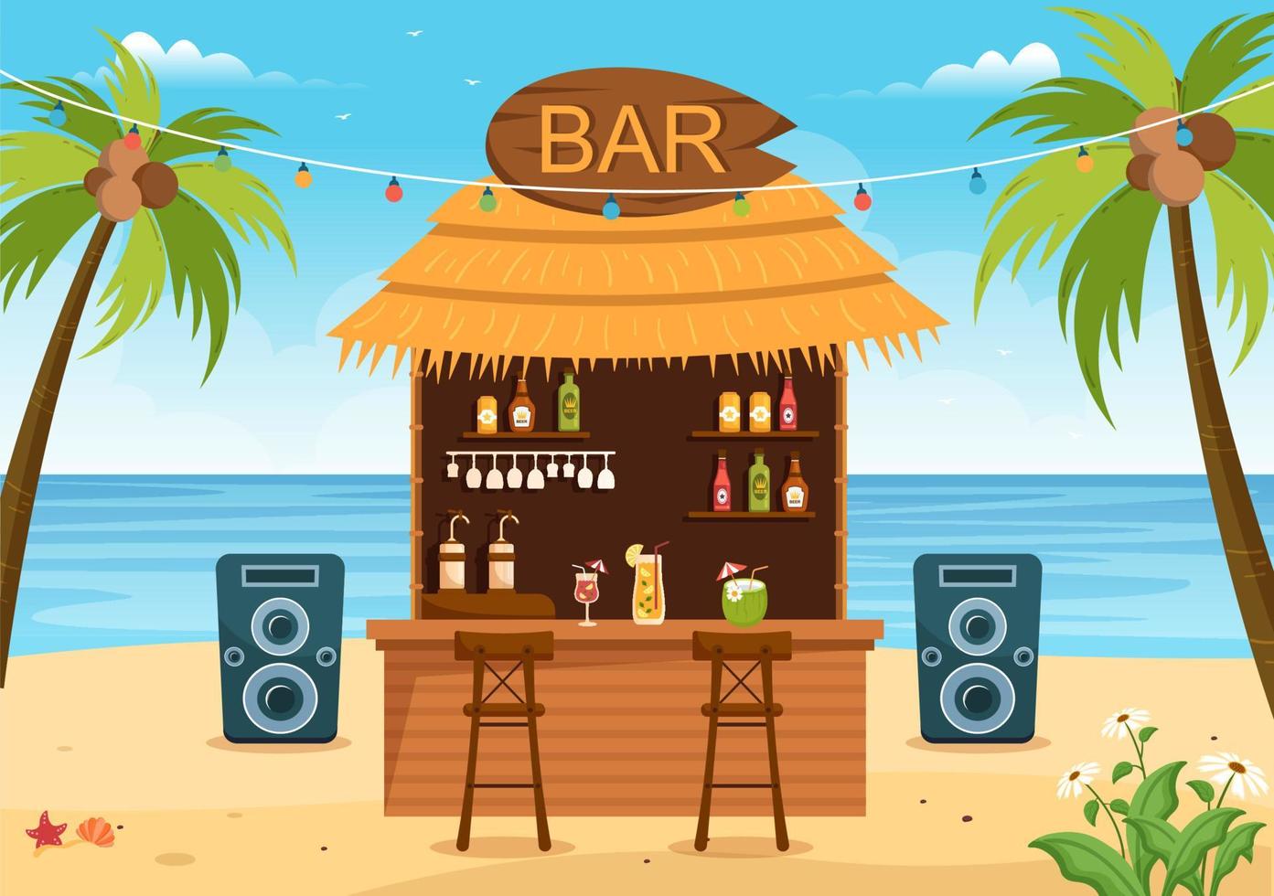 bar tropical ou pub sur la plage avec bouteilles de boissons alcoolisées, barman, table, intérieur et chaises au bord de la mer en illustration de dessin animé plat vecteur
