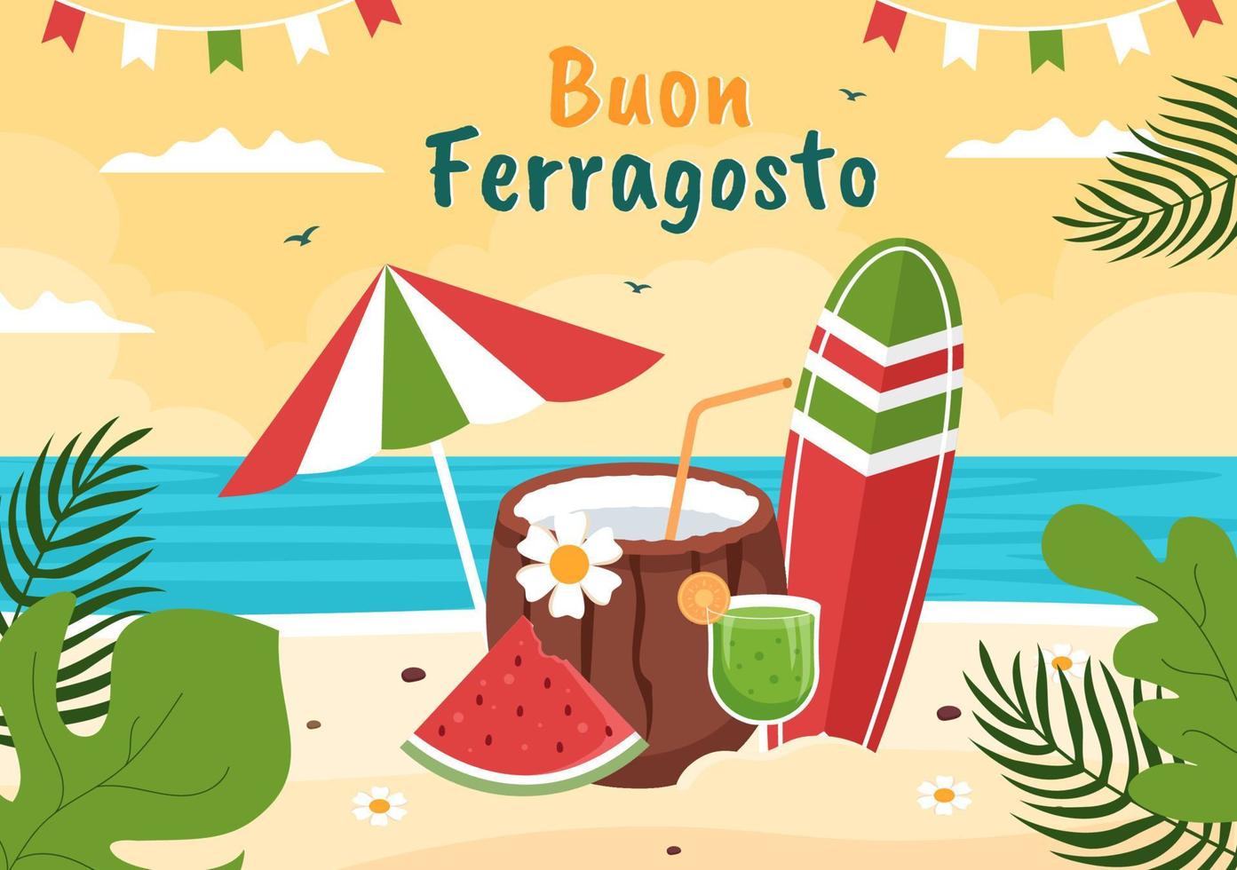 festival d'été italien de buon ferragosto en illustration de dessin animé de plage le jour férié célébré le 15 août dans un style plat vecteur