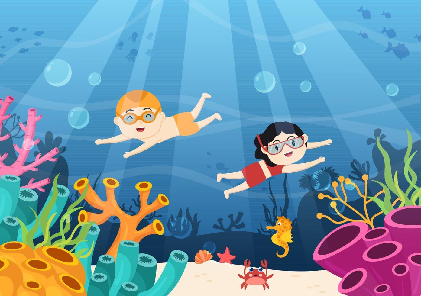 enfants faisant de la plongée avec tuba avec natation sous-marine explorant la mer, les récifs coralliens ou les poissons dans l'océan en illustration vectorielle de dessin animé plat vecteur
