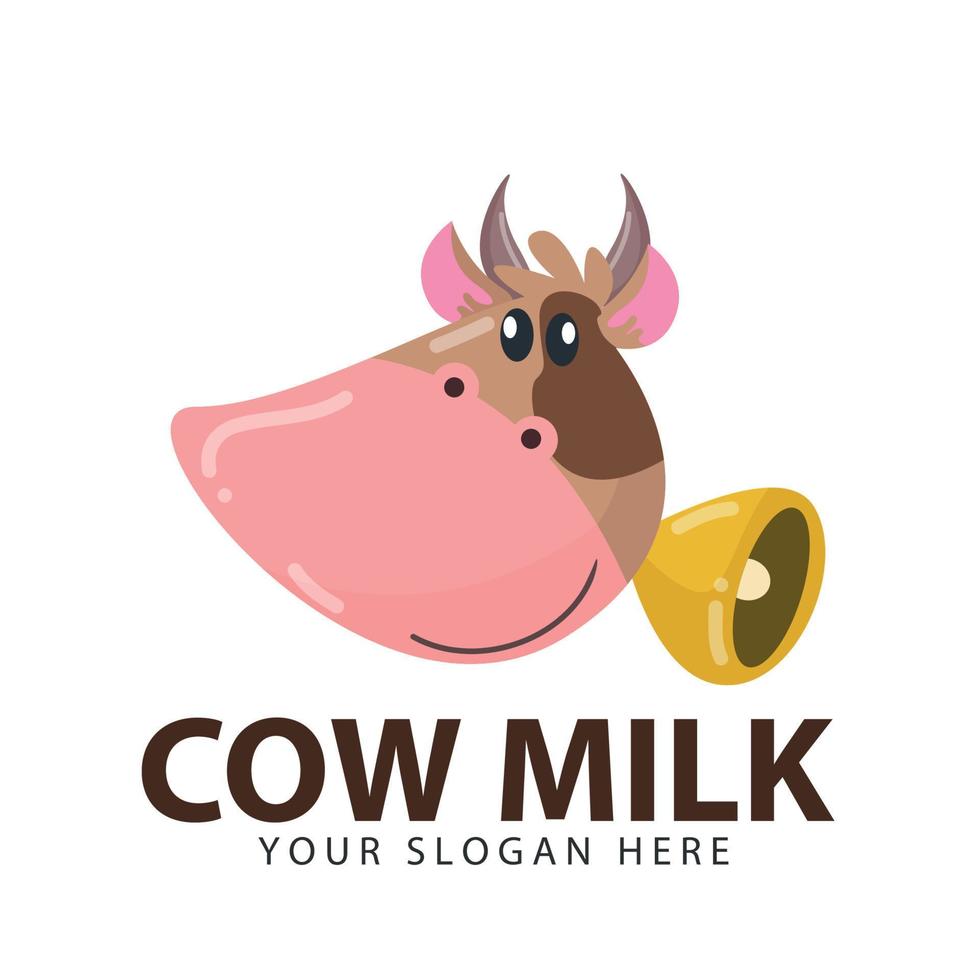 illustration du lait de vache naturel. tête de vache à cornes avec des cloches. emblème, création de logo vecteur