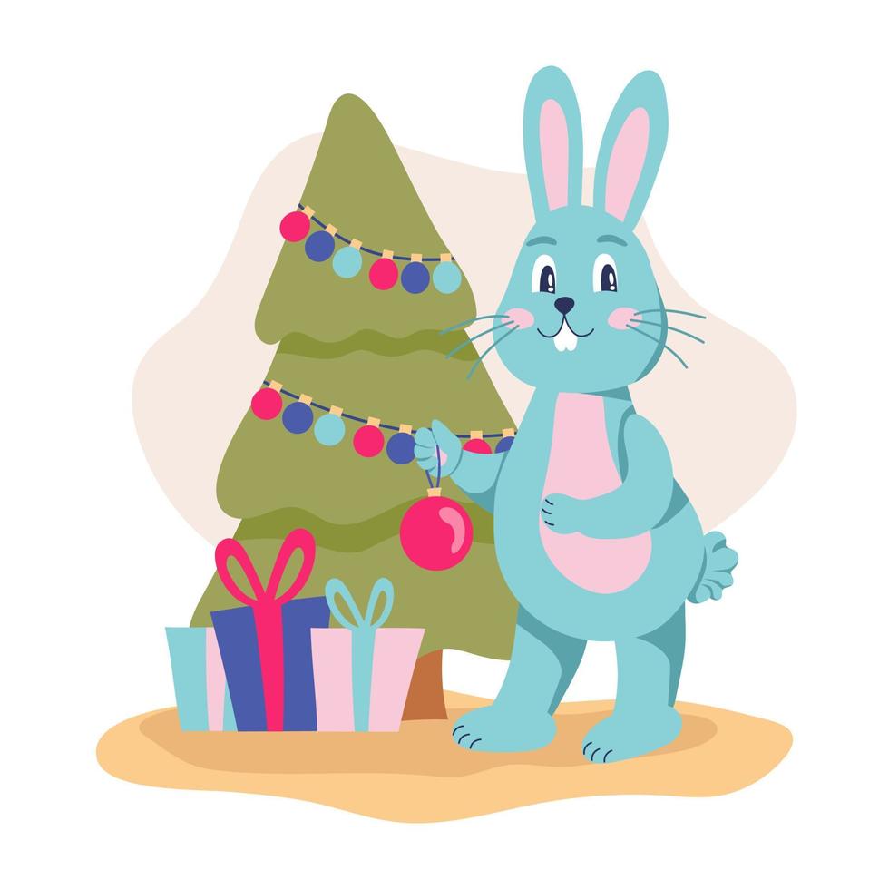 un lapin décore un sapin de noël. symbole de l'année, illustration vectorielle plane vecteur