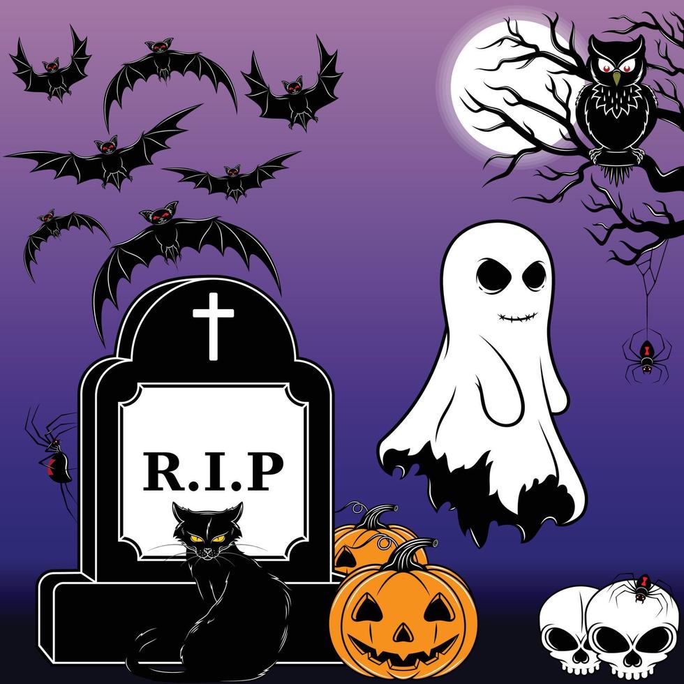 conception de vecteur de cimetière de nuit d'halloween, cimetière de nuit d'halloween avec pierre tombale, fantôme, chauve-souris et crâne
