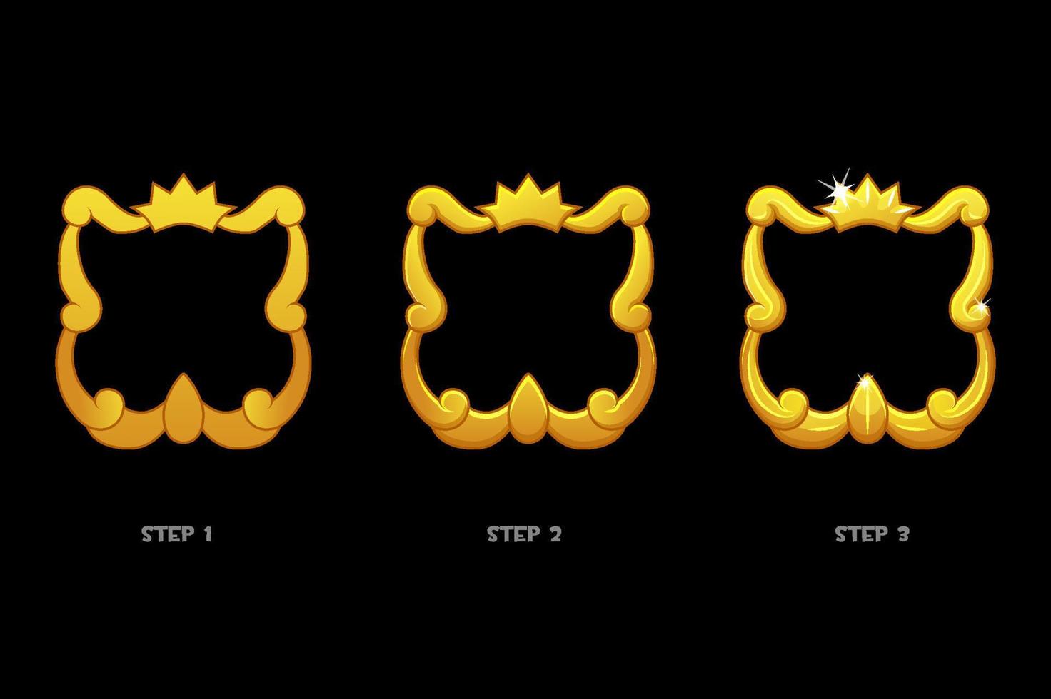 modèles de cadre doré avec couronne, avatar vierge 3 étapes de dessin pour le jeu. vecteur