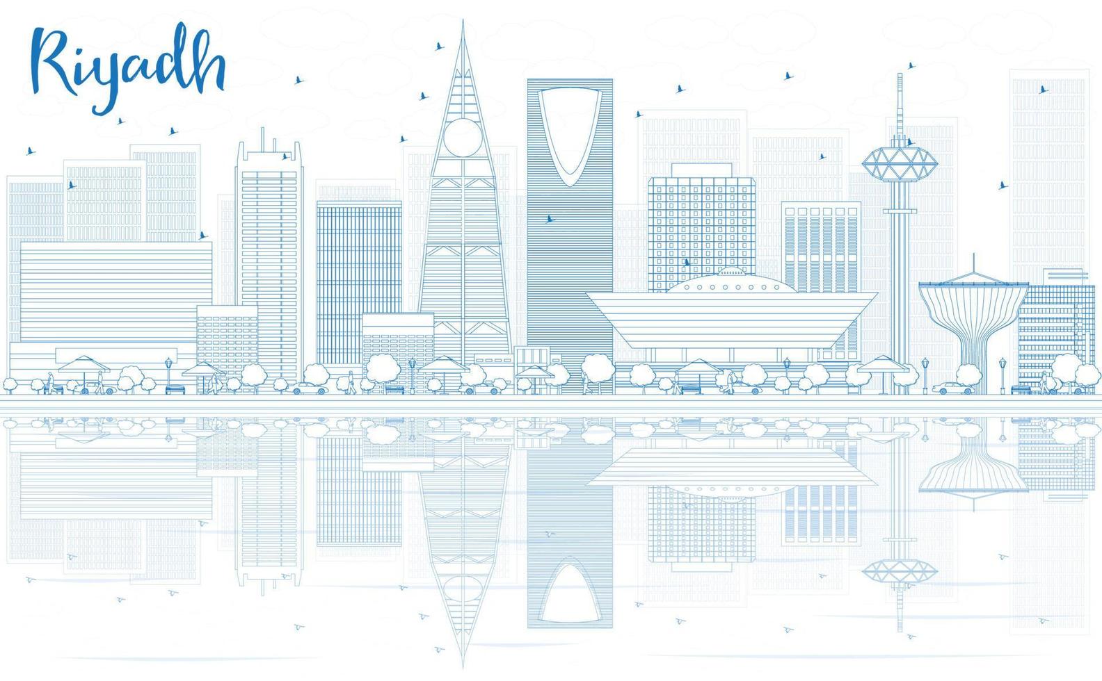 contour de l'horizon de riyad avec des bâtiments bleus et des reflets. vecteur