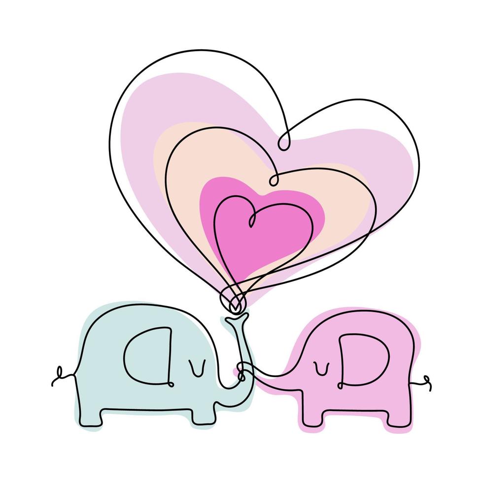 éléphants amoureux, illustration de style art en ligne. dessin en ligne continu de la silhouette de deux éléphants avec illustration hearts.vector. vecteur