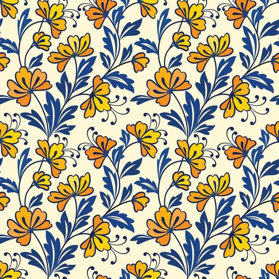 fleur jaune et modèle sans couture de conception de feuille bleue. vecteur