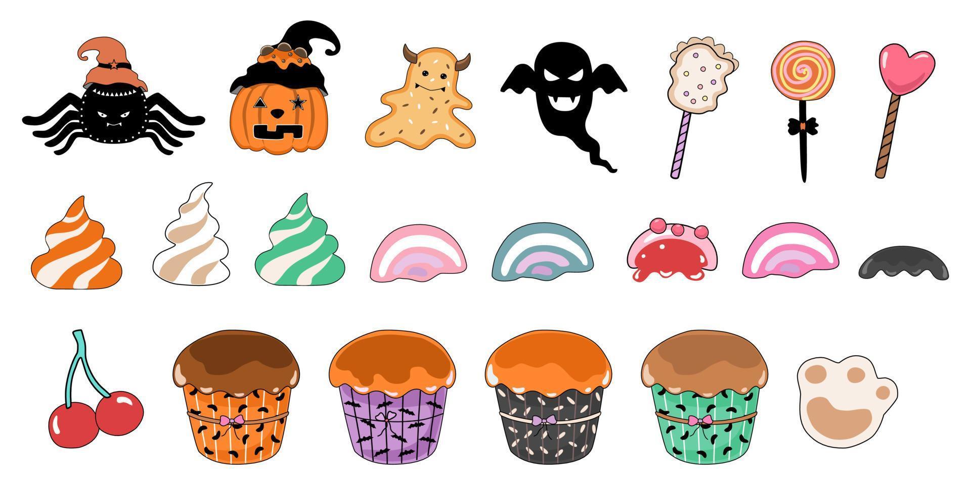 éléments de décoration halloween conçus dans un style doodle sur fond blanc. parfait pour les décorations sur le thème d'Halloween, les cartes, les autocollants, les impressions numériques, l'art pour les enfants, l'artisanat et plus encore. vecteur