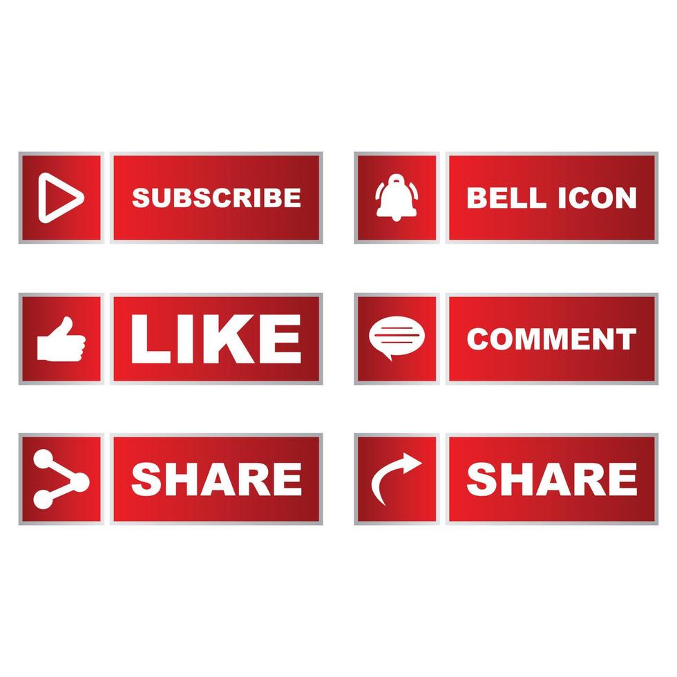 collection de boutons avec plusieurs formes. collection de boutons de couleur rouge avec icône comme, s'abonner, commenter et partager. collection de boutons de médias sociaux de couleur rouge métallique. vecteur