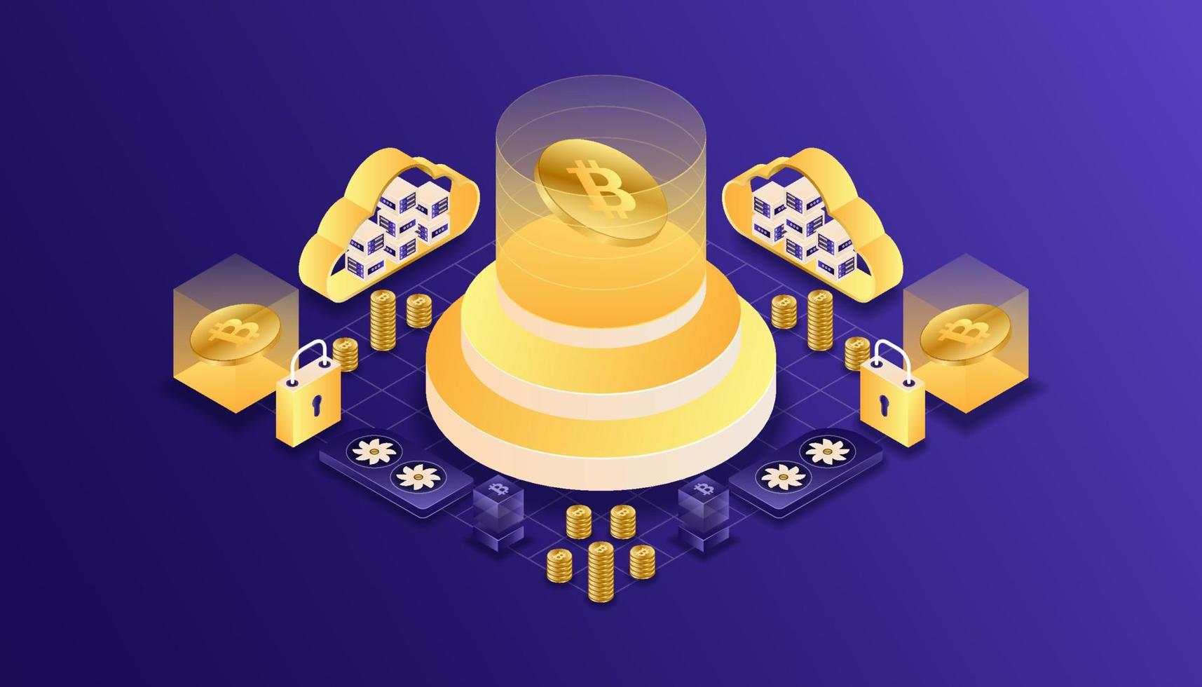 crypto-monnaie, bitcoin, blockchain, exploitation minière, technologie, internet iot, sécurité, conception de vecteur d'illustration 3d isométrique de tableau de bord