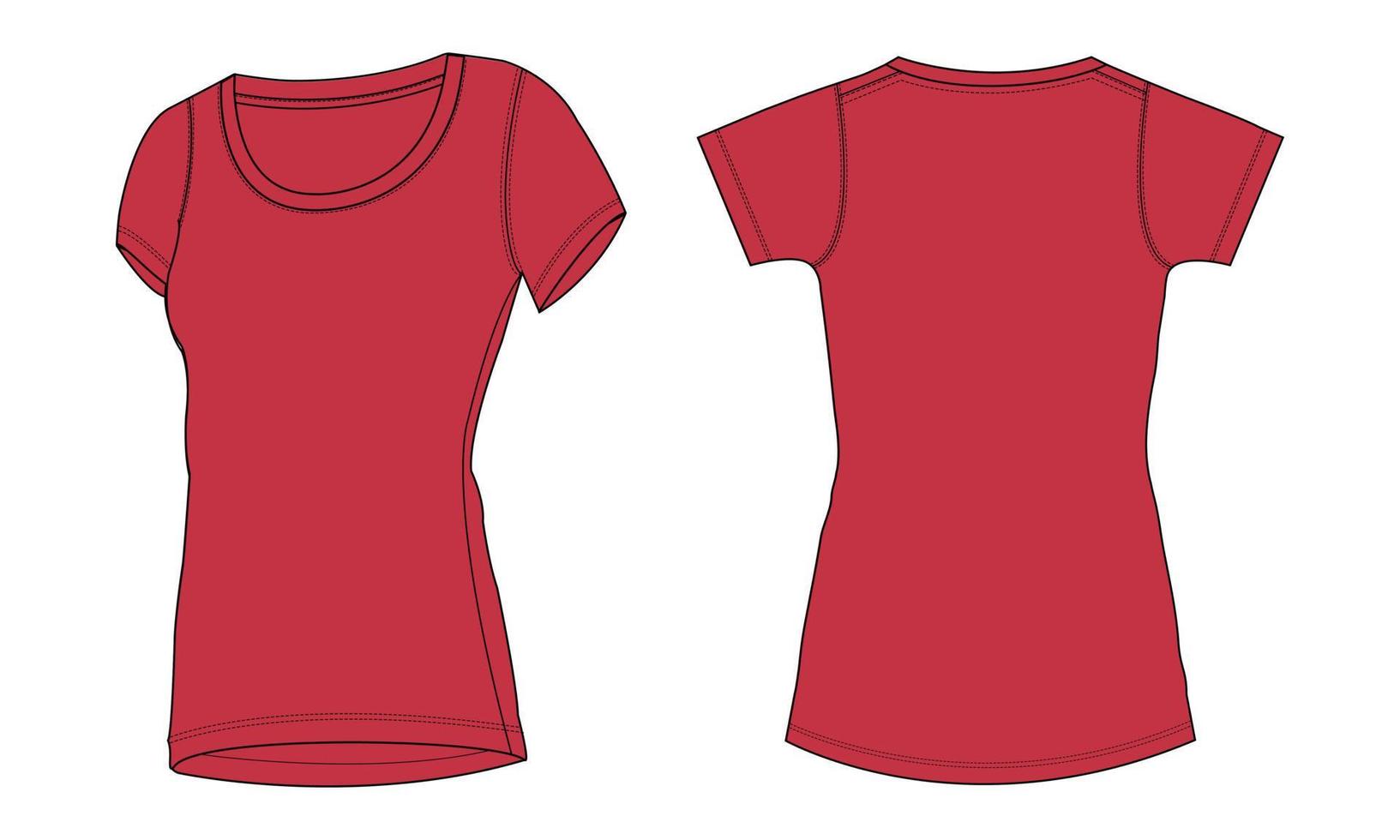 t shirt slim fit à manches courtes mode technique croquis plat illustration vectorielle modèle de couleur rouge pour dames vecteur