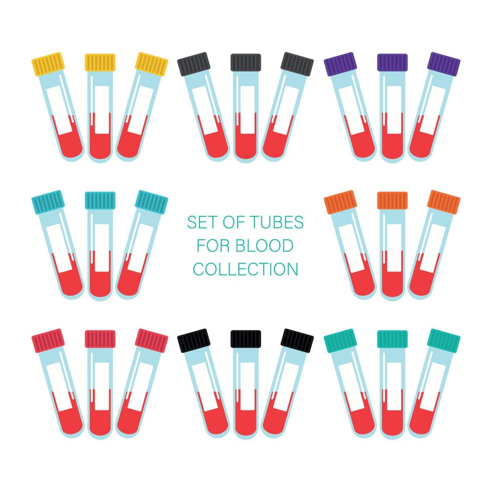 un ensemble de tubes à essai pour la collecte de sang. équipement médical serti de hauts colorés isolés sur blanc. illustration vectorielle. vecteur