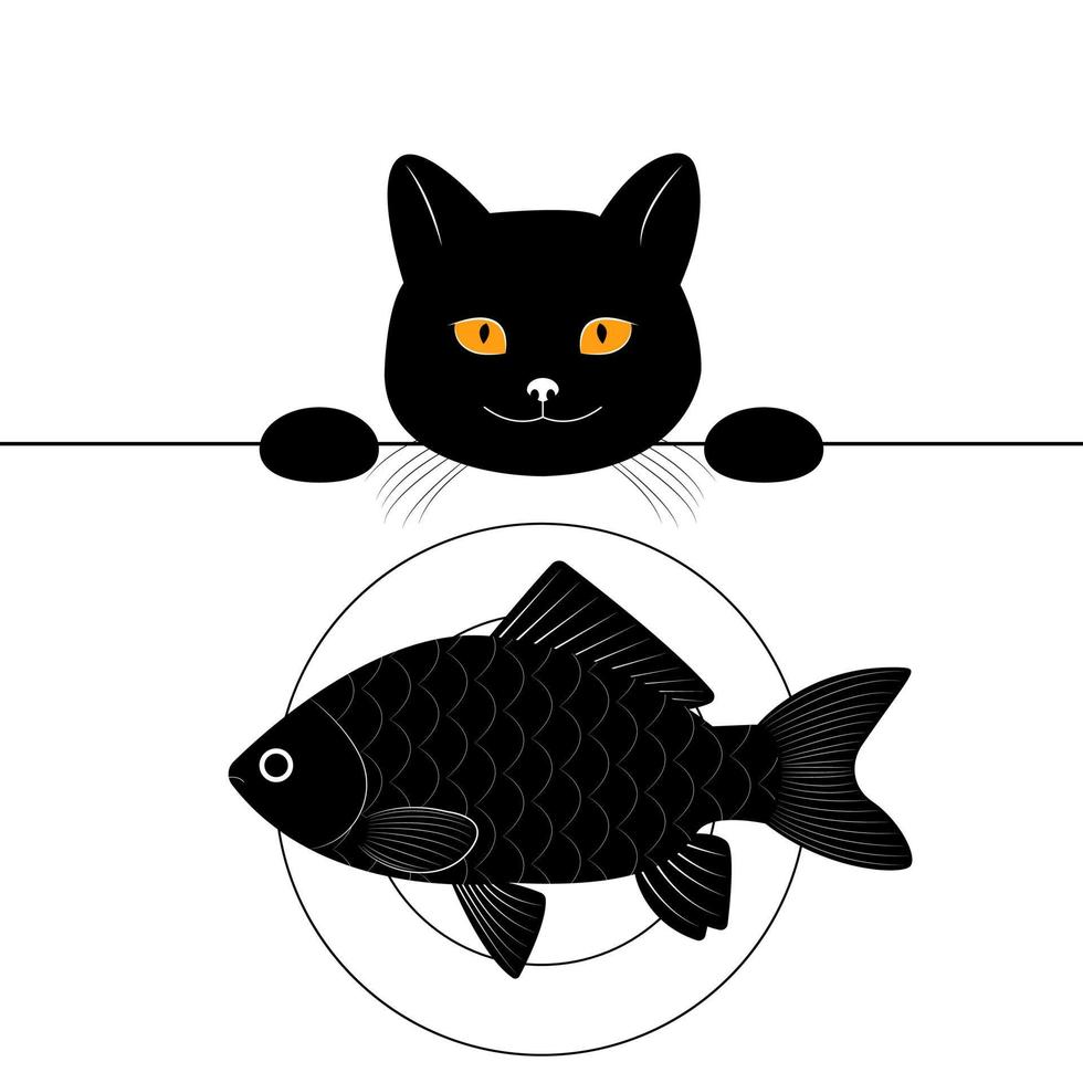 le chat noir regarde sur la table et veut voler le poisson. personnage de dessin animé drôle. imprimer pour un t-shirt. illustration vectorielle isolée sur fond blanc vecteur