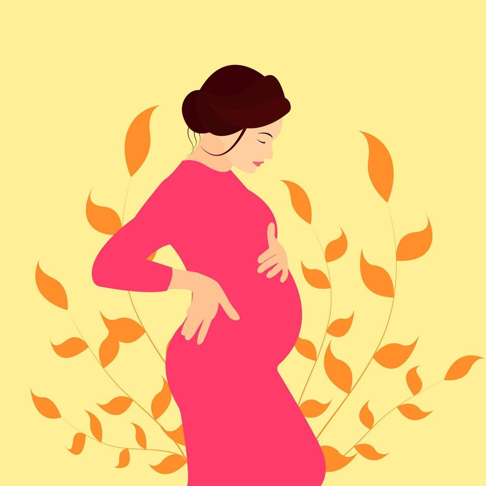 fille enceinte. femme enceinte en robe rose. la future mère serre son ventre. illustration vectorielle vecteur