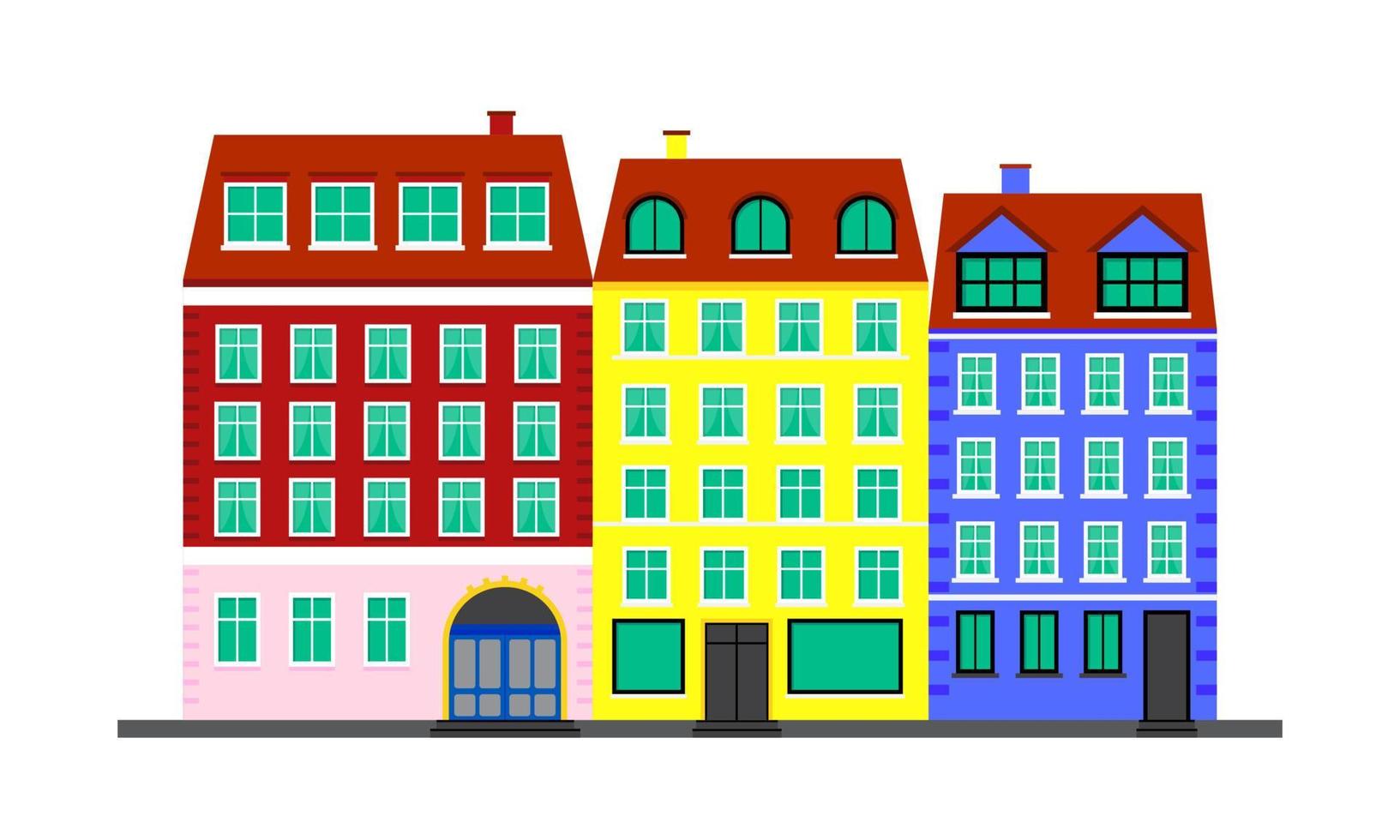 la vie en ville. maisons colorées dans le style scandinave. paysage avec façades d'immeubles. illustration vectorielle isolée sur fond blanc vecteur