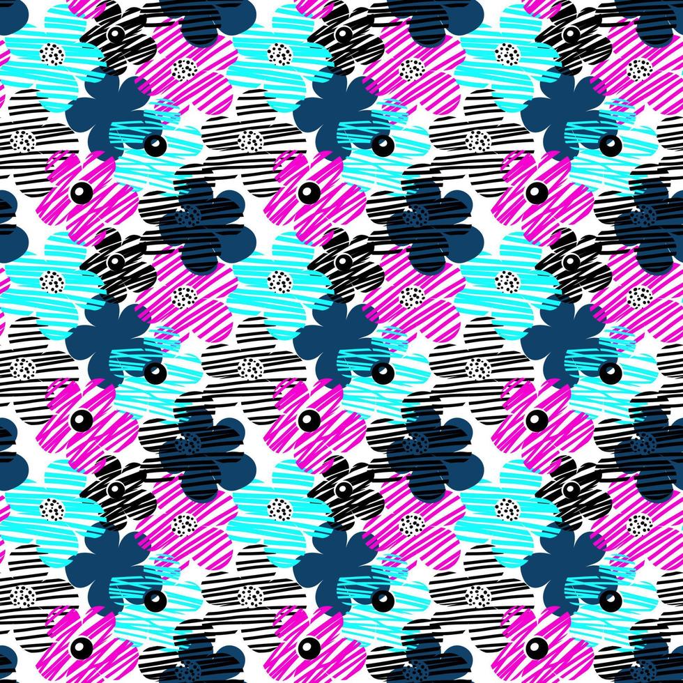 motif floral abstrait sans couture. fond de fleurs dessinées à la main dans des couleurs rétro bleu noir rose. grandes fleurs de marguerite en fleurs. illustration d'art décoratif pour l'emballage, le textile, le tissu, le papier peint, etc. vecteur