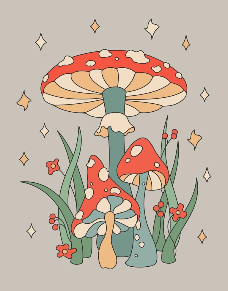 illustration vectorielle en couleur de champignons amanites tue-mouches, champignons vénéneux, herbes et fleurs aux couleurs de 1970 vecteur