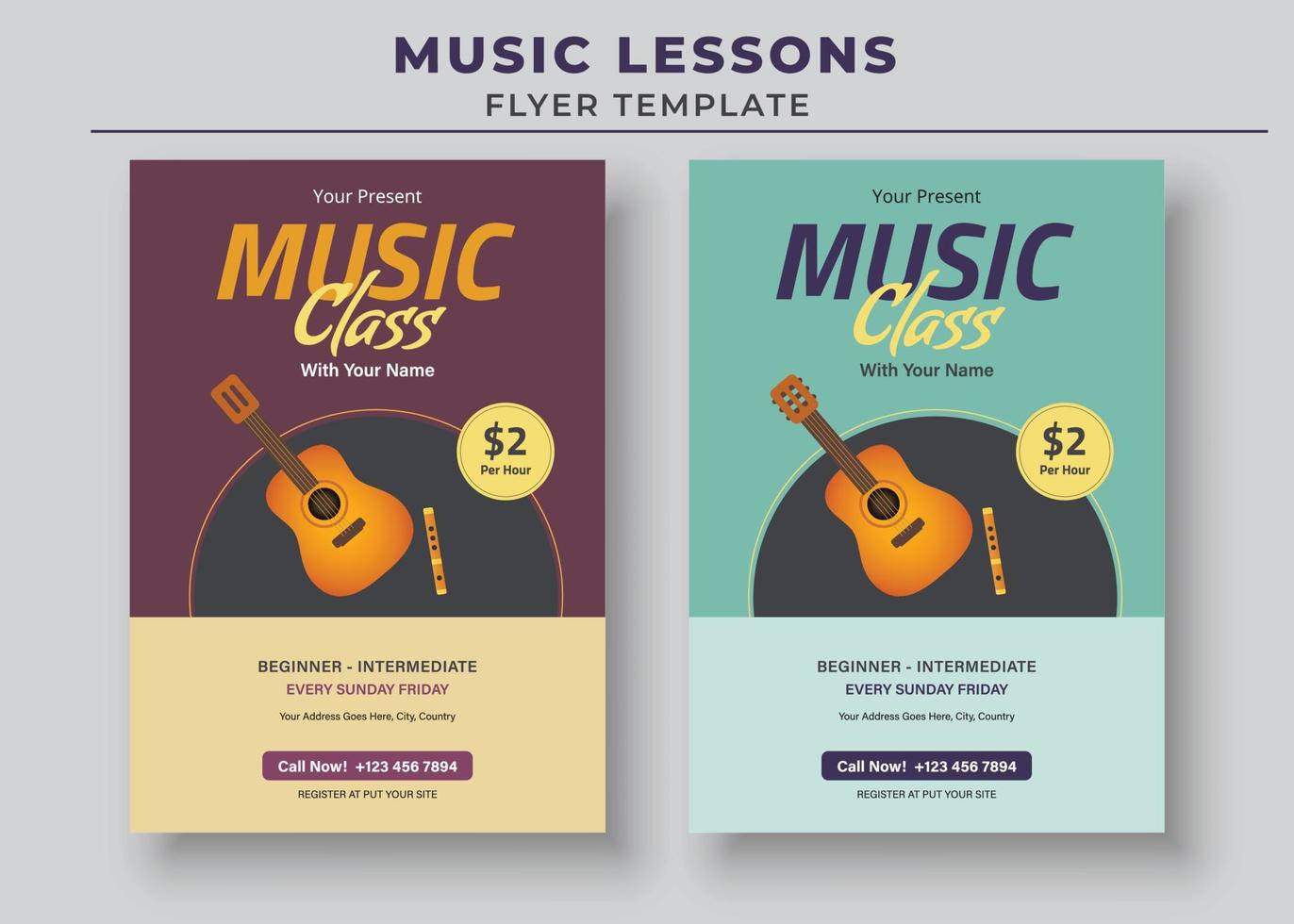 modèle de flyer de cours de musique, affiche de cours de piano, affiche de cours de musique, affiche de cours de guitare vecteur