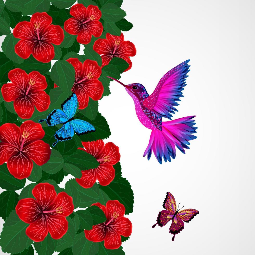 fond de conception florale. fleurs d'hibiscus avec oiseau, papillons. vecteur