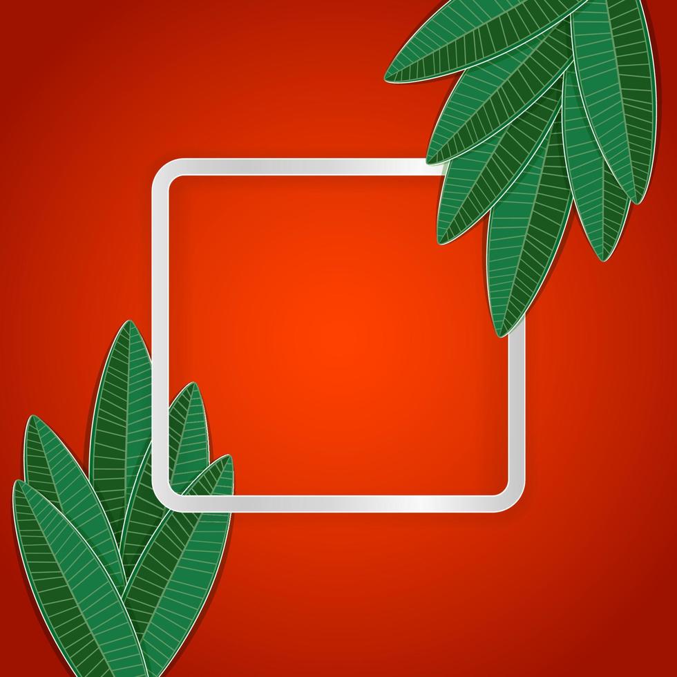 carte de vacances chaude. feuilles de papier tropical vert sur un cadre léger carré pour votre texte. fond orange vif. modèle vectoriel eps10.