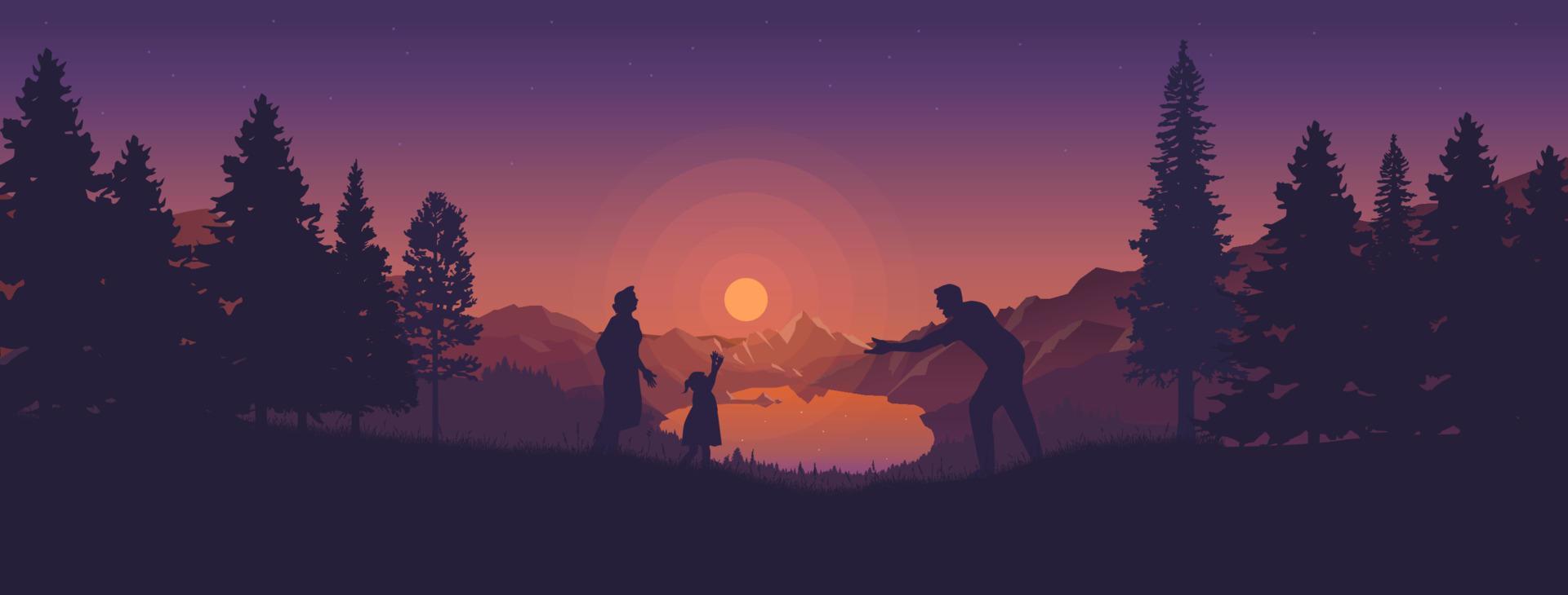 illustration vectorielle de famille heureuse. jouer avec le soleil vecteur