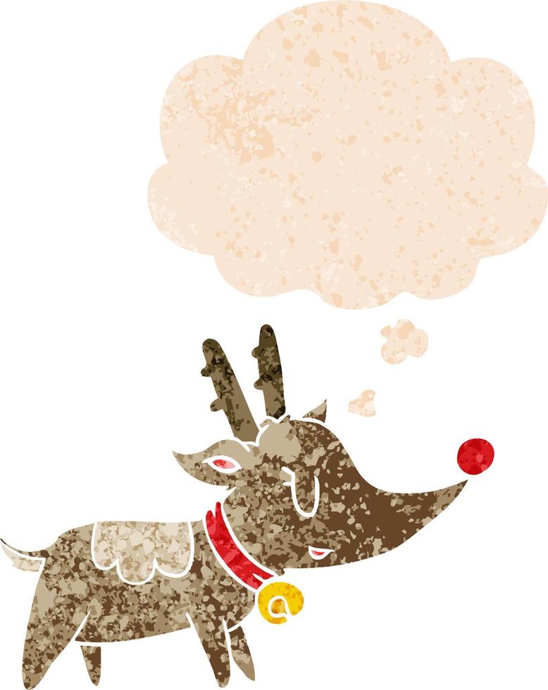 dessin animé renne de noël et bulle de pensée dans un style texturé rétro vecteur