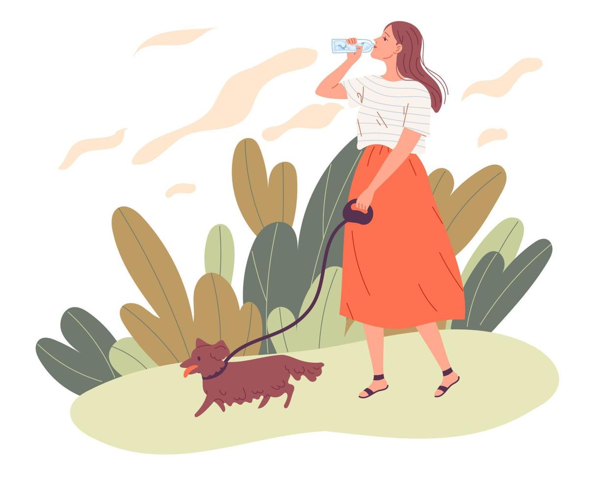 jeune femme promenant son chien et buvant de l'eau. vecteur