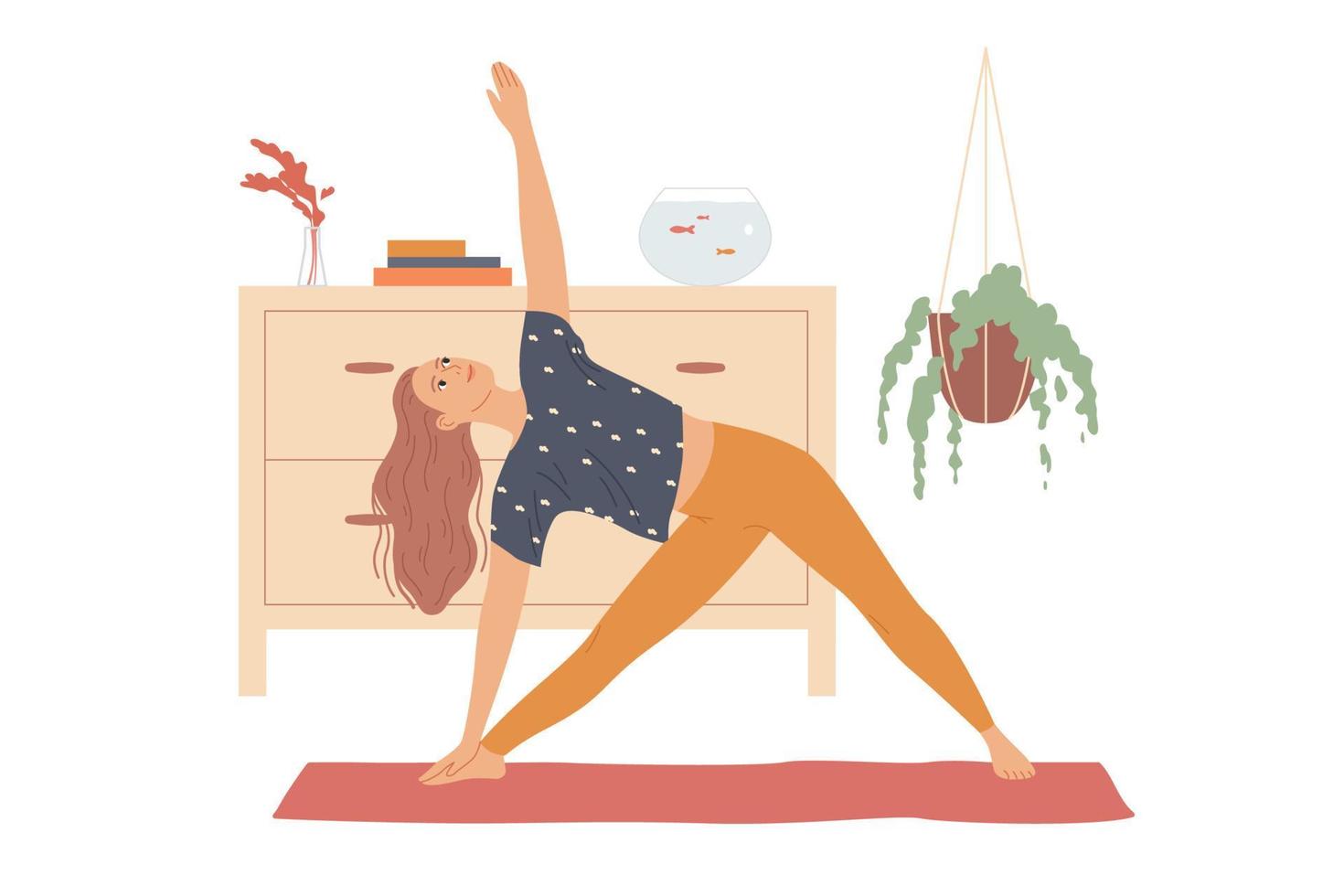 femme effectue des exercices de yoga en se penchant sur le côté et en levant la main - une pose en triangle, trois coins ou trikonasana vecteur
