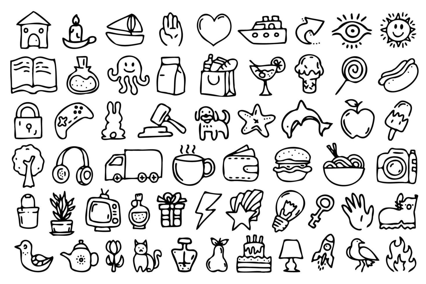 jeu d'icônes d'art en ligne. collection d'icônes de noyade à la main avec une fine ligne noire, des icônes vectorielles universelles et polyvalentes, un ensemble d'illustrations simples linéaires. vecteur