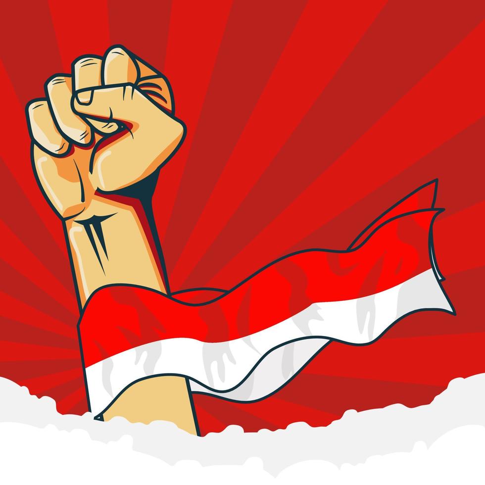 poing en l'air avec le drapeau indonésien adapté à l'affiche de la fête de l'indépendance indonésienne vecteur