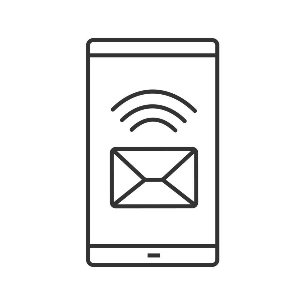 icône linéaire de message entrant de smartphone. SMS. illustration de la ligne mince. écran de téléphone portable avec enveloppe. symbole de contour. dessin de contour isolé de vecteur