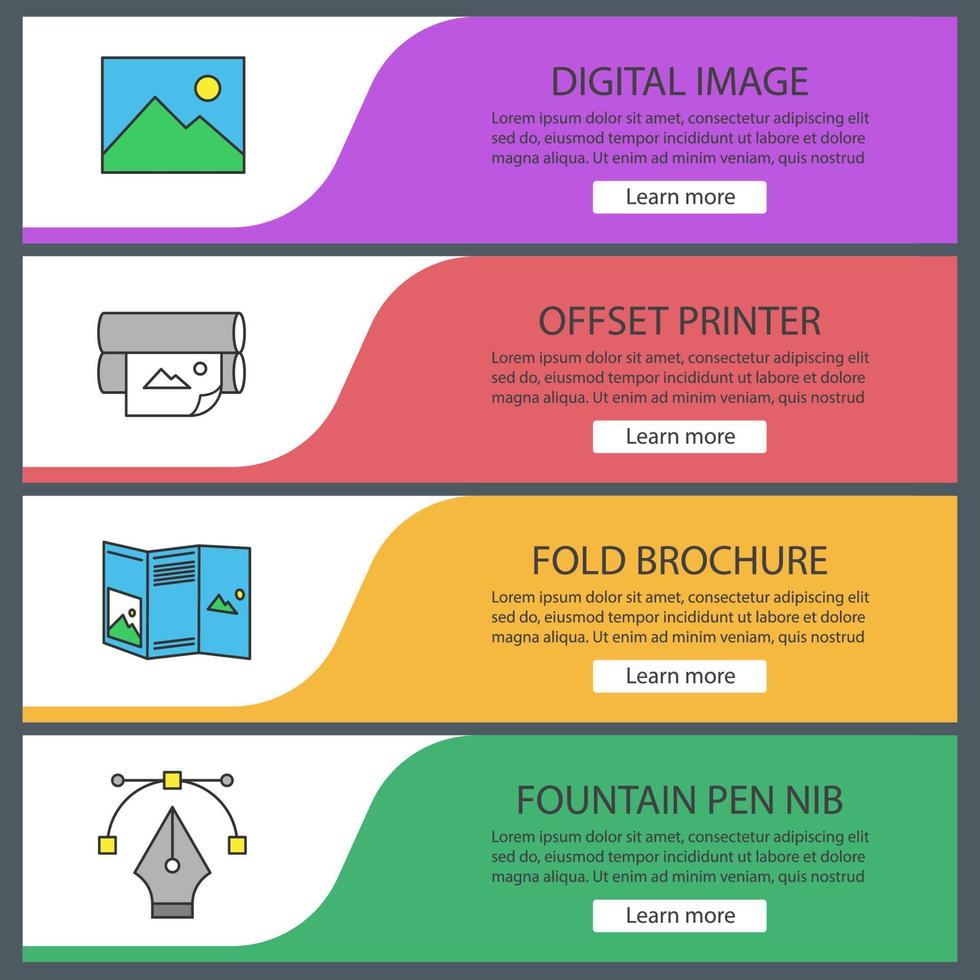 ensemble de modèles de bannières web d'impression. polygraphie et typographie. image numérique, imprimante offset, brochure pliée, plume de stylo plume. éléments de menu de couleur du site Web. concepts de conception d'en-têtes vectoriels vecteur