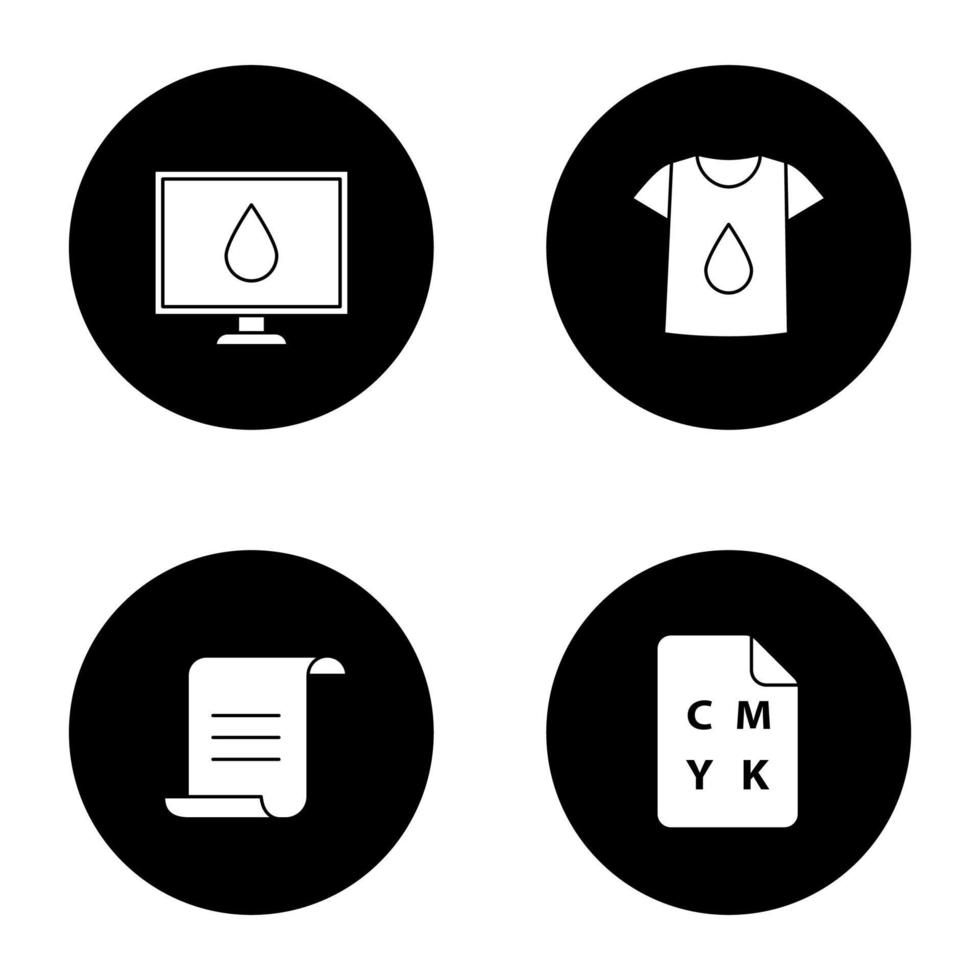 ensemble d'icônes de glyphe d'impression. calibrage d'affichage d'ordinateur, impression de t-shirt, document, modèle de couleur CMJN. illustrations de silhouettes blanches vectorielles dans les cercles noirs vecteur