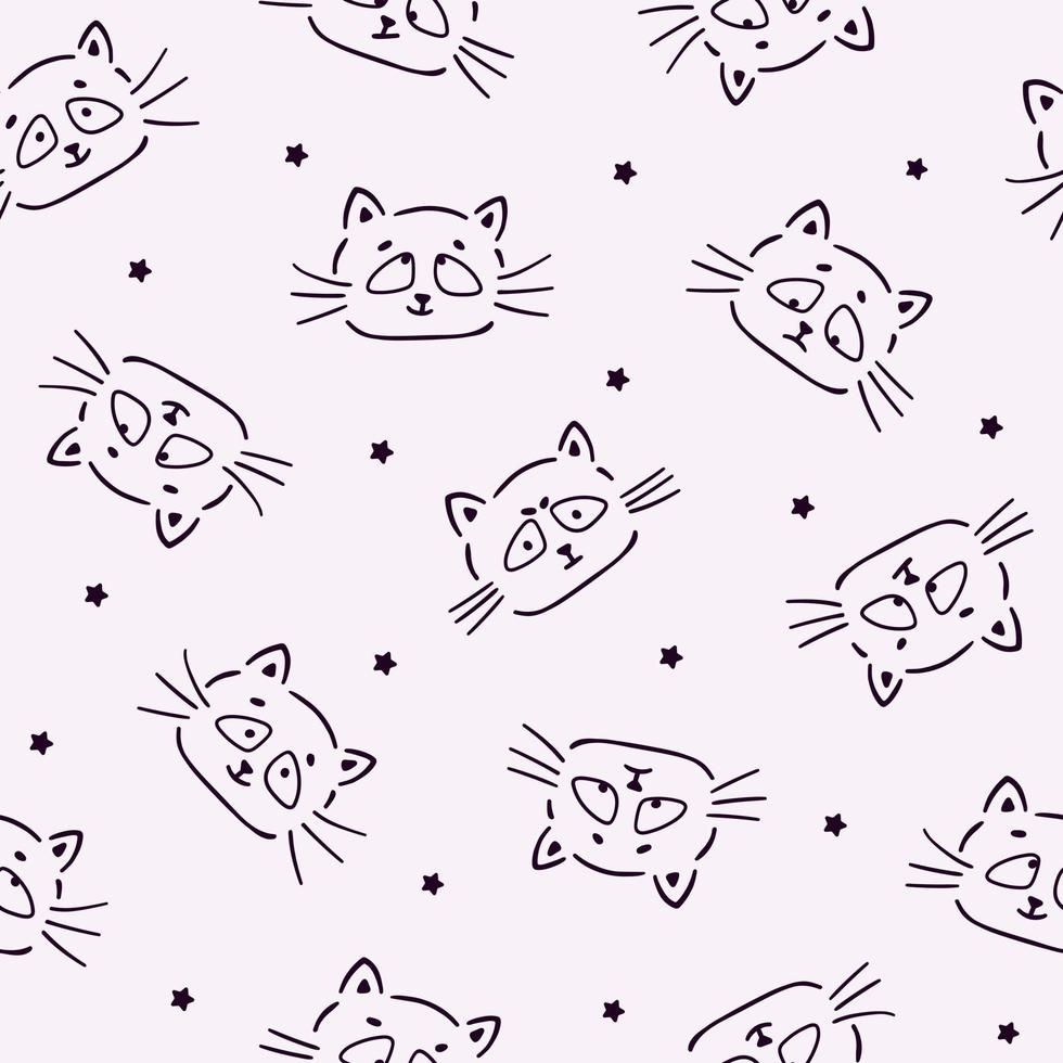 modèle sans couture avec des visages de chats et des étoiles fond d'enfant dessiné à la main de style doodle vecteur