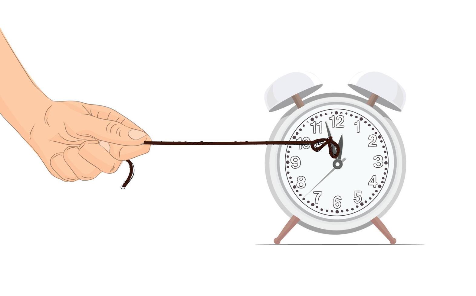 concept de temps d'arrêt. arrêter le temps dans l'illustration vectorielle. essayant d'arrêter un temps. arrêt de l'horloge par escargot. corde de traction d'escargot pour l'horloge d'arrêt. concept de délai de travail. temps de maintien sur l'horloge par une corde. vecteur