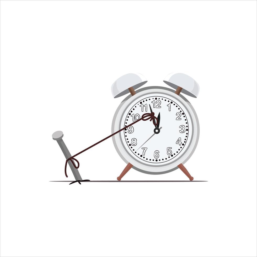 concept de temps d'arrêt. arrêter le temps dans l'illustration vectorielle. essayant d'arrêter un temps. arrêt de l'horloge par escargot. corde de traction d'escargot pour l'horloge d'arrêt. concept de délai de travail. temps de maintien sur l'horloge par une corde. vecteur