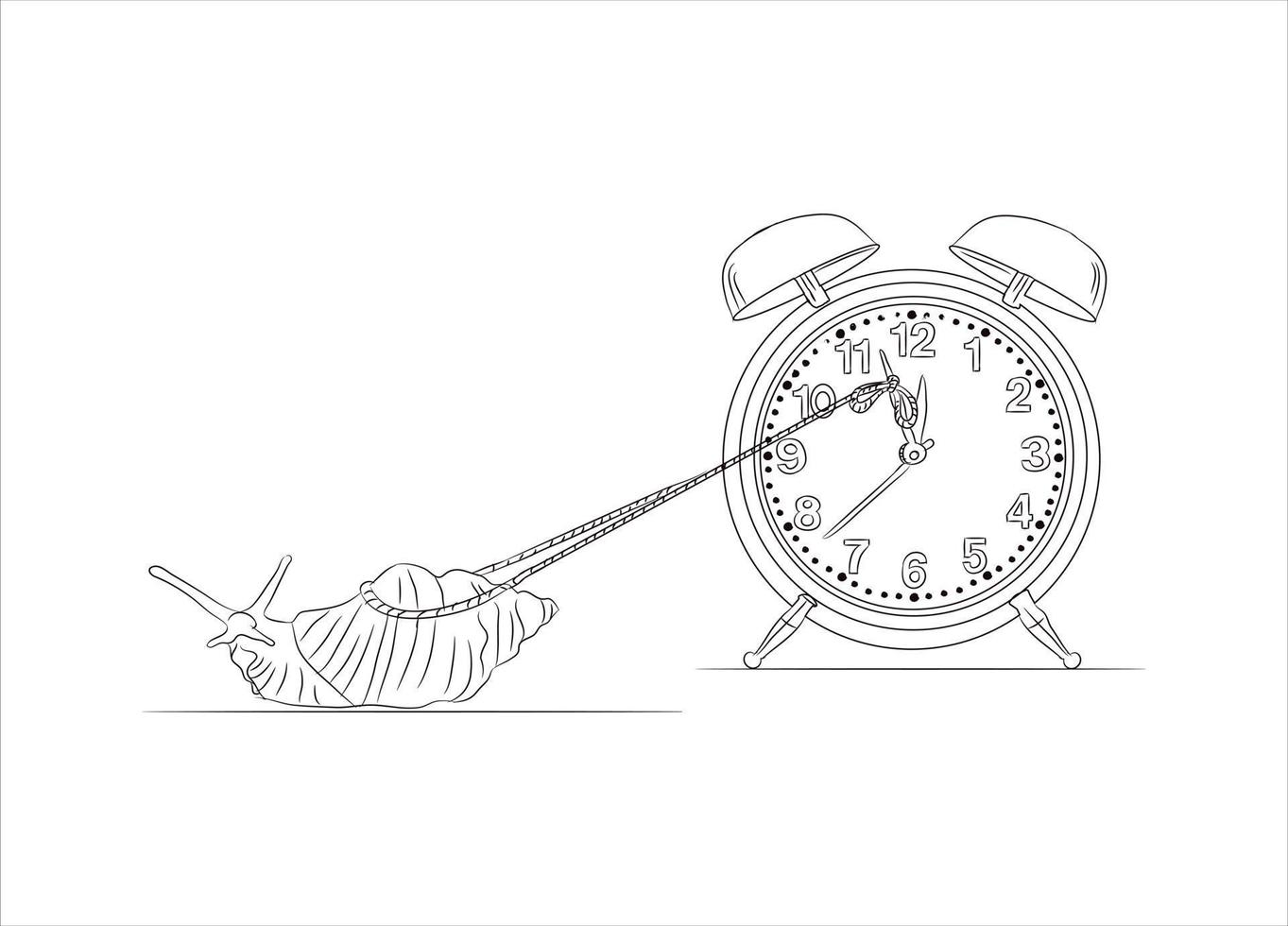 concept de temps d'arrêt. arrêter le temps dans l'illustration vectorielle. essayant d'arrêter un temps. arrêt de l'horloge par escargot. corde de traction d'escargot pour l'horloge d'arrêt. concept de délai de travail. temps de maintien sur l'horloge par une corde. vecteur