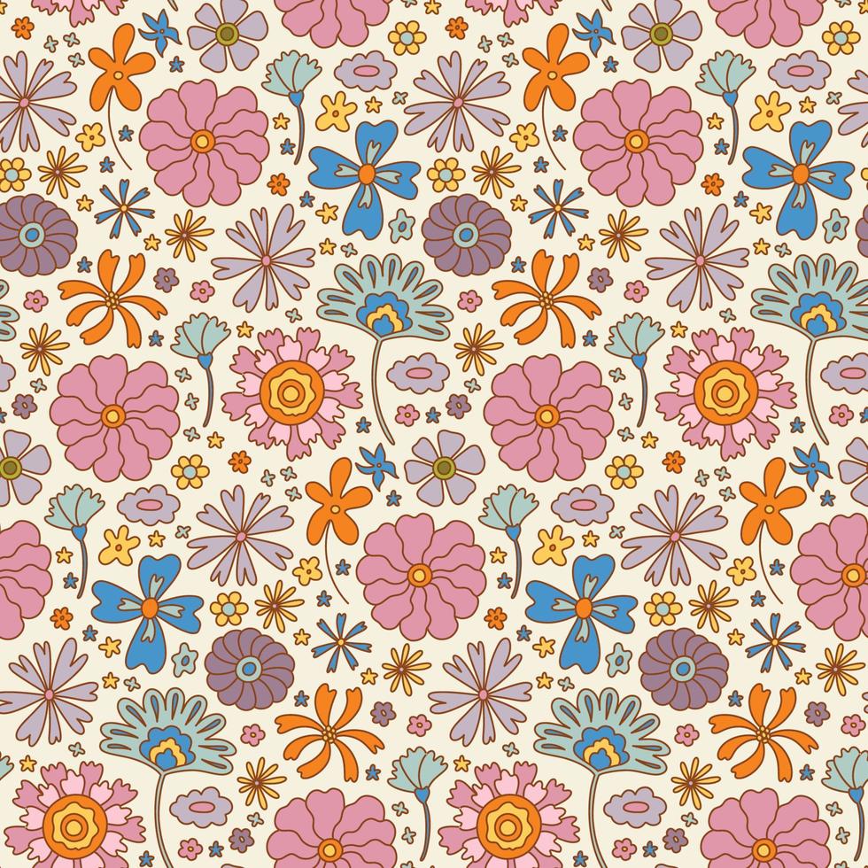 modèle sans couture de fleur boho rétro groovy, papier numérique vintage des années 70. fond de fleurs dessinées à la main pour le tissu, le textile, la papeterie, le papier peint vecteur