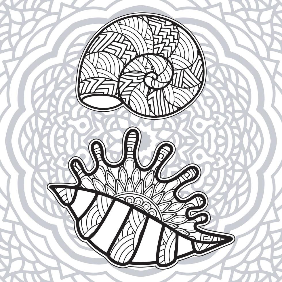 conception de page de coloriage de coquille avec fond de mandala vecteur