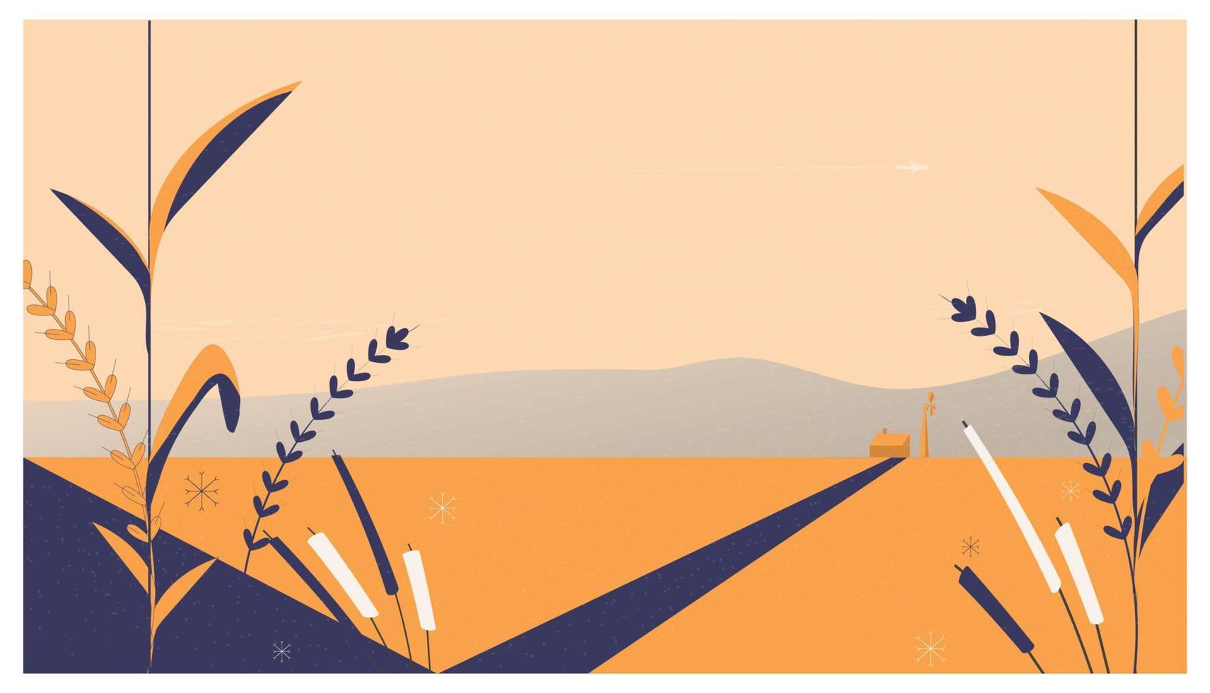 image web du paysage de champ de cultures minimales. grange, moulin à vent, cultures et fleurs sauvages. ton de couleur orange et bleu marine.campagne rurale d'automne paisible. vecteur