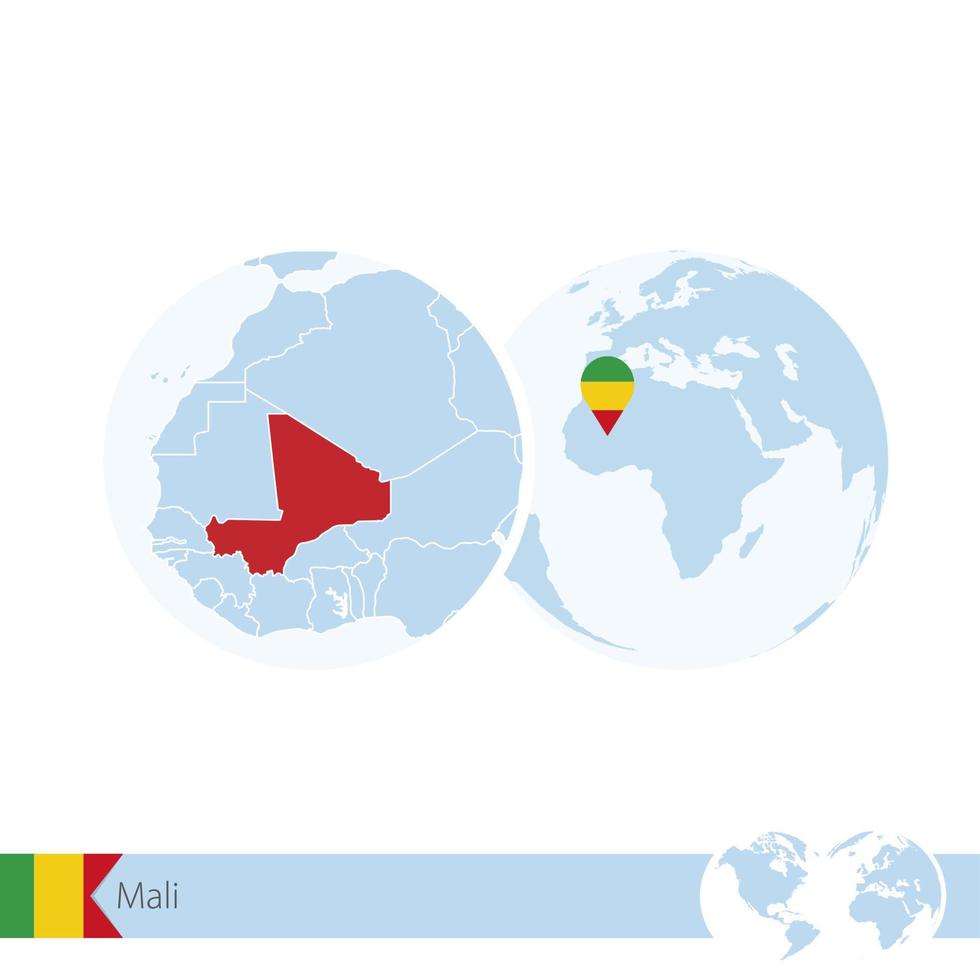 mali sur le globe terrestre avec drapeau et carte régionale du mali. vecteur