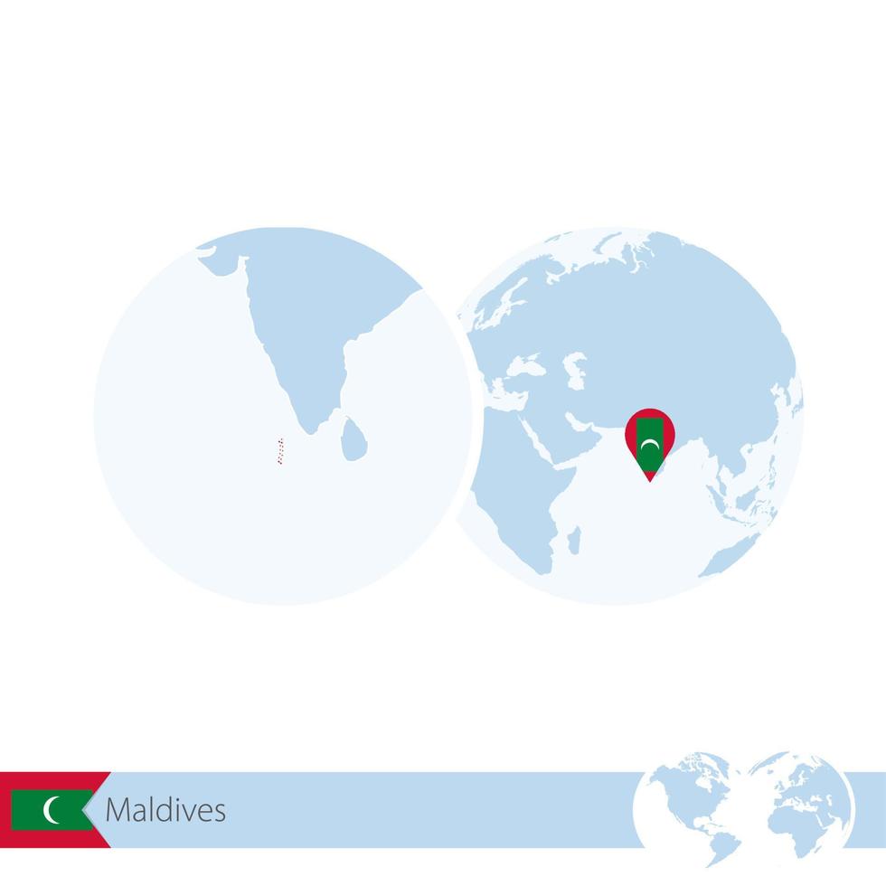maldives sur le globe terrestre avec drapeau et carte régionale des maldives. vecteur