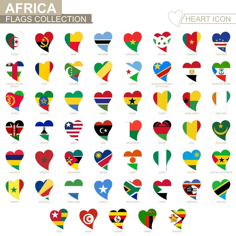 collection de drapeaux vectoriels des pays africains. jeu d'icônes de coeur. vecteur