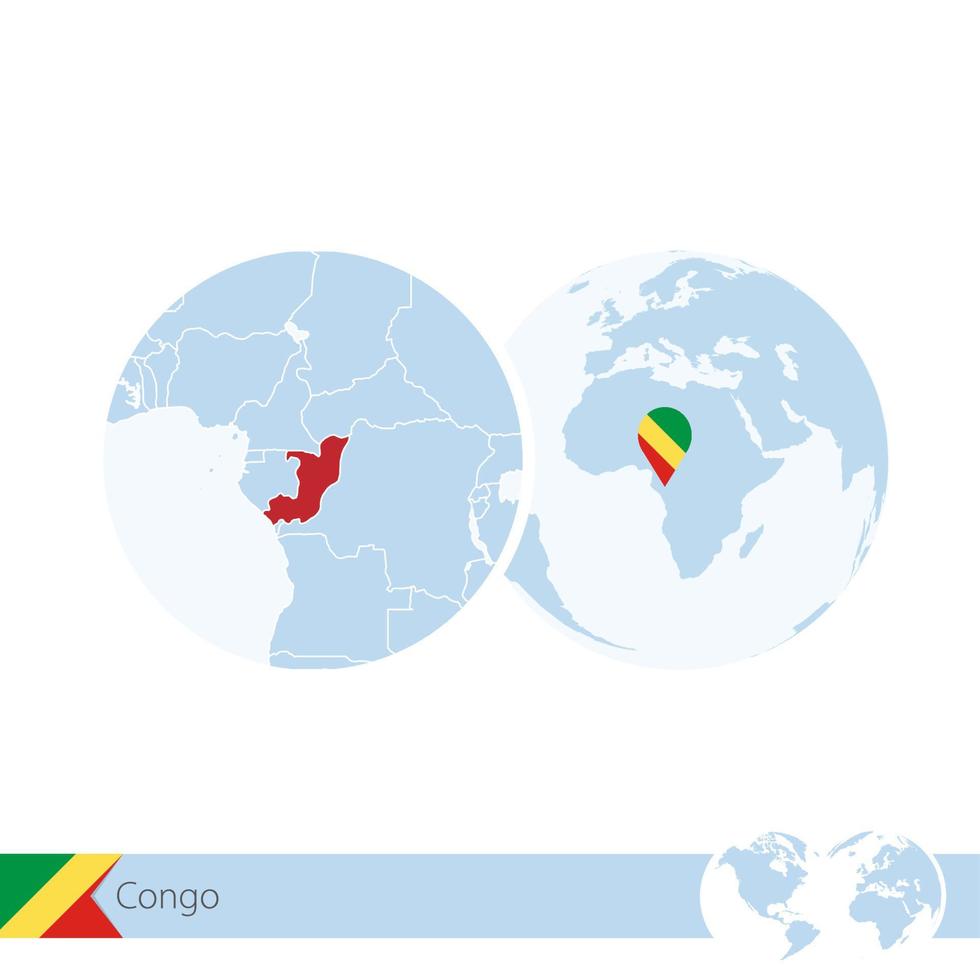 congo sur le globe terrestre avec drapeau et carte régionale du congo. vecteur