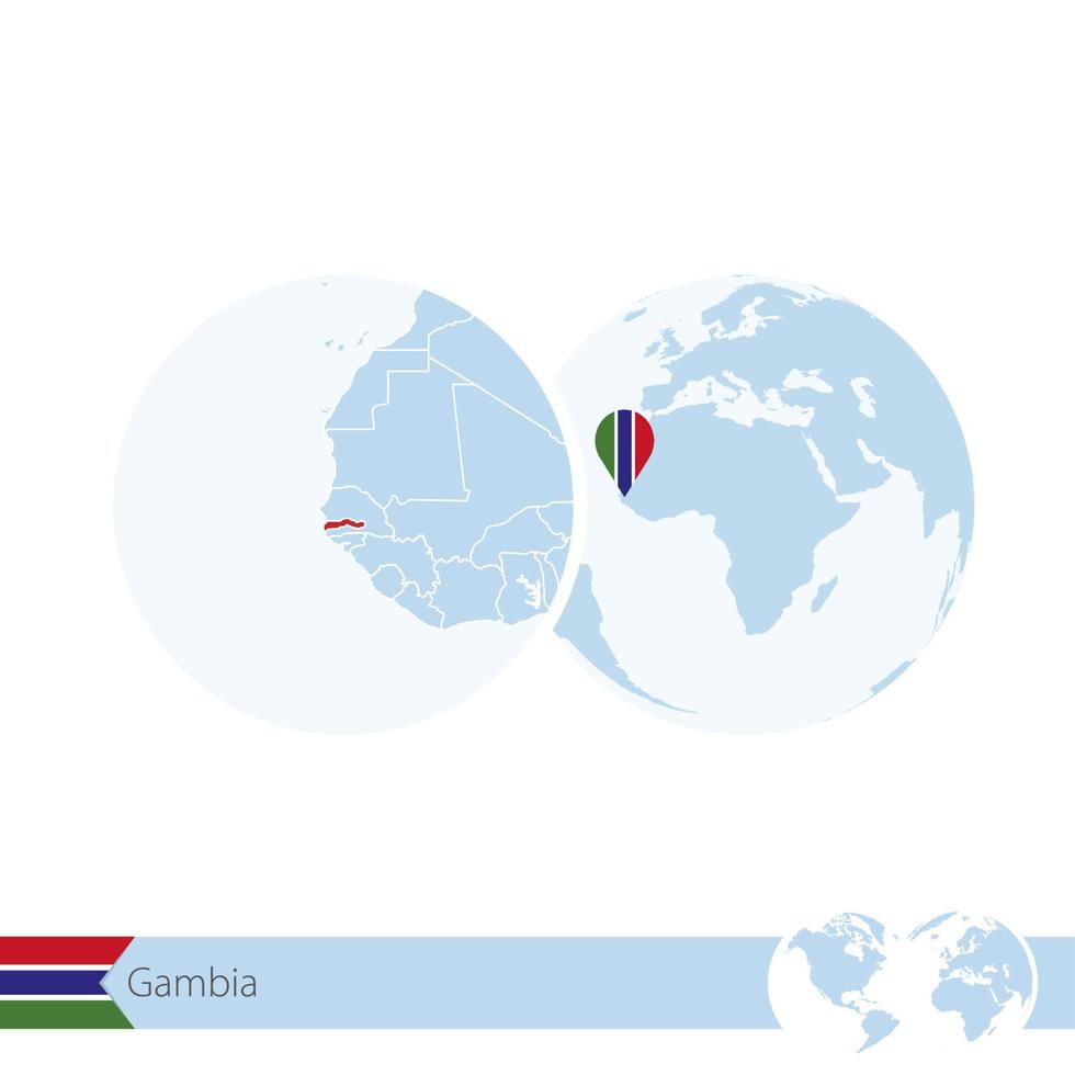 gambie sur le globe terrestre avec drapeau et carte régionale de la gambie. vecteur