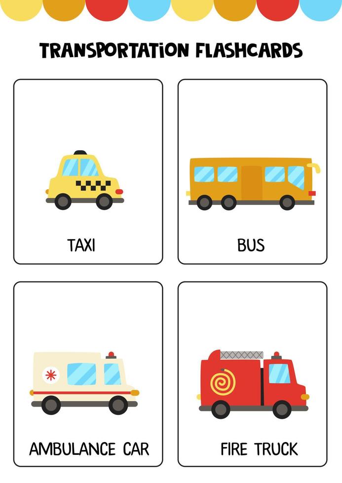 moyens de transport de dessin animé mignon avec des noms. flashcards pour les enfants. vecteur