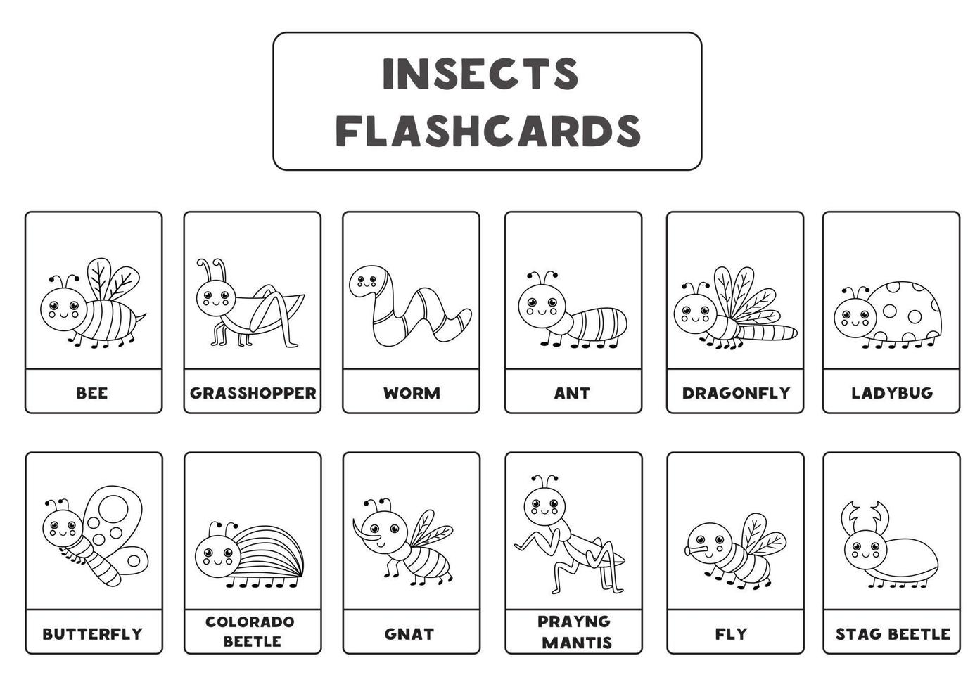 flashcards d'insectes en noir et blanc pour les enfants. vecteur