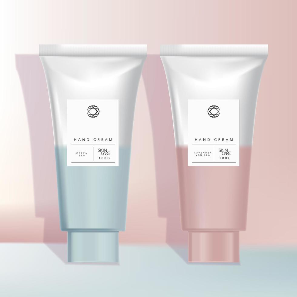 emballage de tubes cosmétiques ou de soins de santé vecteur rose et bleu clair avec un design dégradé hipster minimal